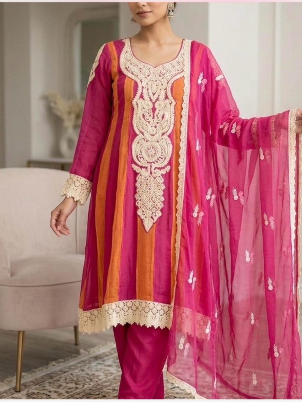 Girls Pink & Orange Embroidered Anarkali Dress